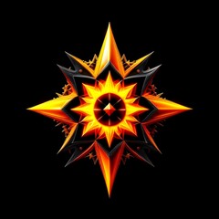 Abstract 8 5 6 9 10 12 pointed fractal cosmic sun burning in flame chaos star pentagram with cracked volcanic lava ground material symbolic realistic image
