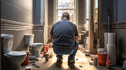 Back View, Plumber inside a new build. Generative AI