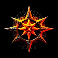 Abstract 8 5 6 9 10 12 pointed fractal cosmic sun burning in flame chaos star pentagram with cracked volcanic lava ground material symbolic realistic image