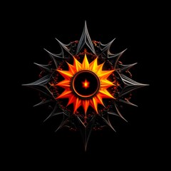 Abstract 8 5 6 9 10 12 pointed fractal cosmic sun burning in flame chaos star pentagram with cracked volcanic lava ground material symbolic realistic image

