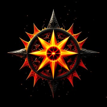 Abstract 8 5 6 9 10 12 pointed fractal cosmic sun burning in flame chaos star pentagram with cracked volcanic lava ground material symbolic realistic image

