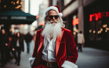 Confident male model on the street dressing like a modern urban Santa Claus with a stylish red suit and a Christmas hat. - obrazy, fototapety, plakaty