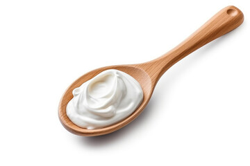 Sour cream in the wooden spoon isolated on white background.Generative Ai. - obrazy, fototapety, plakaty