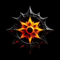 Abstract 8 5 6 9 10 12 pointed fractal cosmic sun burning in flame chaos star pentagram with cracked volcanic lava ground material symbolic realistic image

