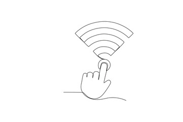 A hand touches the Internet network. International internet day one-line drawing
