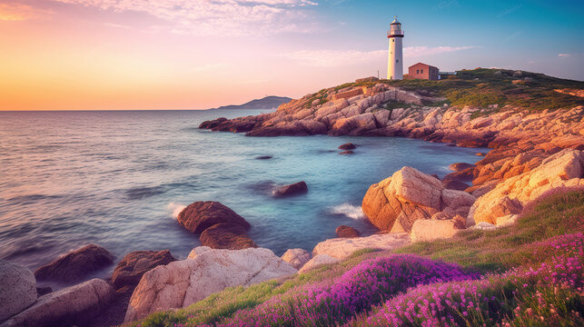 Fantastic sunrise on Lighthouse. Picturesque seascape of Mediterranean sea. Generative AI
