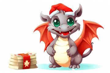 Cute christmas dragon with gift. Space for text.