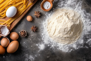 Obraz na płótnie Canvas Pasta ingredients, flour, eggs,rolling pin, on gray background.Generative Ai.