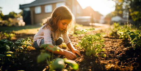 a little girl plants vegetables in the family garden at sunset