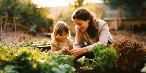 a mother and her little daughter plant vegetables in the family garden at sunset - Powered by Adobe