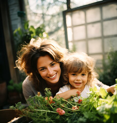 a mother and her little daughter picked vegetables in the garden