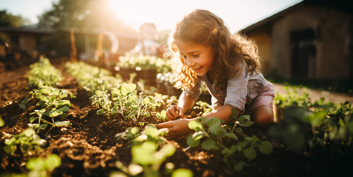 a little girl plants vegetables in the family garden at sunset