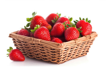 Strawberry in wicker basket isolated on white background.Generative Ai.