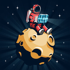 Astronaut in a spacesuit sits on the moon with a fantastic laptop emitting a beam. Vector illustration in retro style.