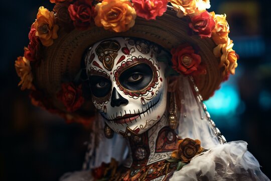 Mexican catrina. Dia de los muertos. Day of The Dead. Woman with sugar skull makeup. Halloween.
