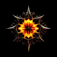 Abstract 8 5 6 9 10 12 pointed fractal cosmic sun burning in flame chaos star pentagram with cracked volcanic lava ground material symbolic realistic image

