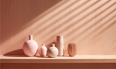 Fototapeta na wymiar Various neutral colored vases and bowls on the rough wooden shelf. Home decor 