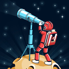 A cosmonaut in a red spacesuit looks through a telescope at the far reaches of space. Astronaut on the moon with a telescope. Vector illustration in retro comic style.