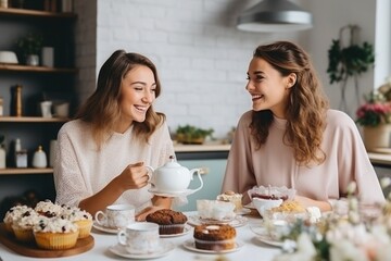 Two young happy women enjoying their breakfast in the modern kitchen. lifestyle.