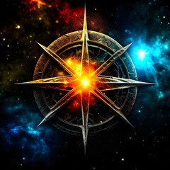 Abstract 8 5 6 9 10 12 pointed fractal cosmic sun in glowing cosmic space star pentagram with stars galactic and nebulas symbolic realistic image