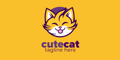 Expressive Pet Shop & Clinic Logo: Simple Vector Design with Happy Cute Cat in Yellow & Purple