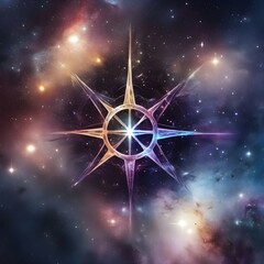 Abstract 8 5 6 9 10 12 pointed fractal cosmic sun in glowing cosmic space star pentagram with stars galactic and nebulas symbolic realistic image