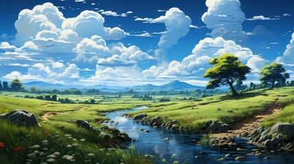 Serene Nature's Wonderland: Captivating Views of Countryside, Rivers, Mountains, and Lush Green Landscapes Under a Summer Sky, generative AI