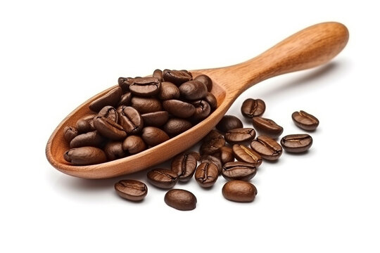 Closeup coffee beans in a wooden spoon isolated on white background.Generative Ai.