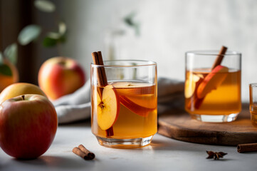 Homemade Apple Cider with cinnamon sticks and apple slices served in two glasses with fresh red apples on background. Horizontal, side view.