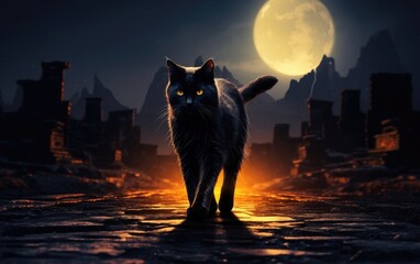 Superstitious scene with a black cat walking at night with a full moon behind