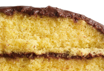 Macro shot of lemon cake and chocolate frosting.