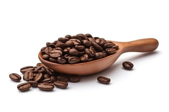 Closeup coffee beans in a wooden spoon isolated on white background.Generative Ai.