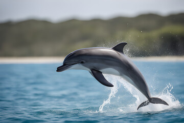 Nature's Acrobatics: The Joyful Dolphin's Impressive Leap from Azure Waters, dolphin jumping out of water