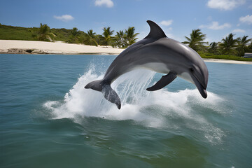dolphin jumping out of water, Incredible Aquatic Display: Dolphin's Exhilarating Leap from the Ocean Waters