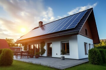 Solar panels on the roof of the house garage. Renewable energy concept.