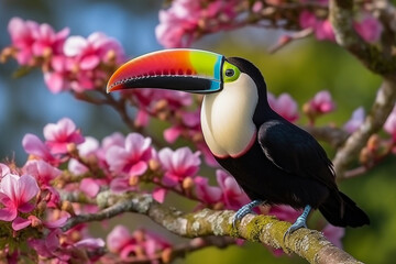 Naklejka premium Toucan bird on branch with beautiful pink flower.Generative Ai.