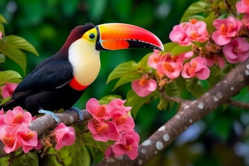 Toucan bird on branch with beautiful pink flower.Generative Ai.