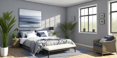 Luxurious photorealistic modern bedroom indoor interior with plants decor display