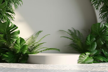 Obraz premium Empty round podium for product presentation with tropical leaf background.Generative Ai.