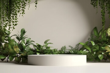 Empty round podium for product presentation with tropical leaf background.Generative Ai.