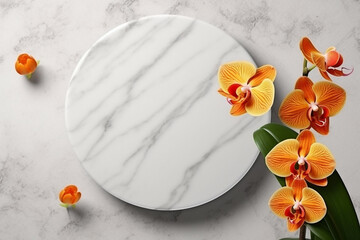 Top view marble circle on white background with orchid flower.Generative Ai.