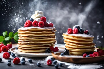 A towering stack of pancakes adorned with layers of fresh berries, whipped cream, and a dusting of powdered sugar