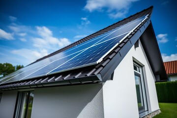 Fototapeta na wymiar Solar panels on the roof of the house garage. Renewable energy concept.