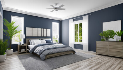 Luxurious photorealistic modern bedroom indoor interior with plants decor display