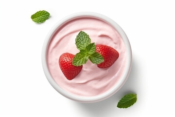 Top view strawberry yogurt isolated on white background.Generative Ai.