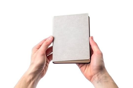 Hand holding blank book on white background.Generative Ai.