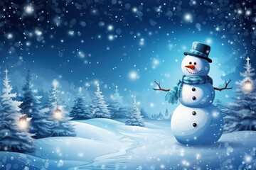 Fototapeta premium Snowman in a hat on a blue background. night, lights and magic. christmas and new year, winter. fairy forest.