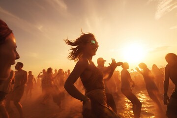 Young beautiful woman dancing at beach party surrounded by other people. AI generated.