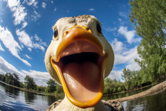 selfie, wide angle duck portrait. funny duckling swims in the lake and smiles. birds in the wild. - Powered by Adobe