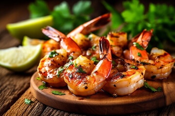 Grilled prawns with lemon and parsley on wooden background.Generative Ai.